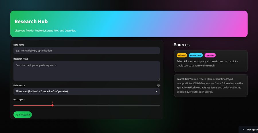 Research Hub interface from the existing project archive